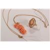 Image 1 : Coral ring and pendant gold and pink coral ring, and a 10kt yellow gold 26" neck chain with carved c