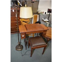 Walnut cased Singer sewing machine with stool and a bridge lamp with cast top