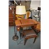 Image 1 : Walnut cased Singer sewing machine with stool and a bridge lamp with cast top