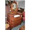 Image 1 : Antique mirrored bedroom chest with matched grain panels, five drawers, carved pulls and a marble wa