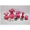 Image 1 : Selection of cranberry including 8" quilted ruffle top vases, three jugs with colourless applied han
