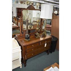 Antique quarter cut oak four drawer mirrored dresser with barley twist supports