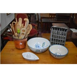 Selection of wooden kitchen tools in copper pot, a vintage ice cream mould, two pottery dishes and a