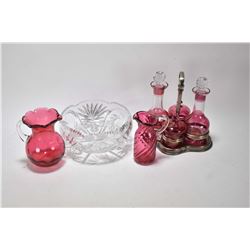 Selection of antique and vintage glass including footed cut crystal bowl, ruby flash cut to clear cr