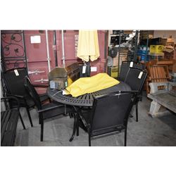 Metal 54" diameter patio table with umbrella and umbrella stand and eight stacking armchairs