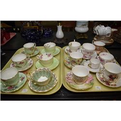 Two trays containing fourteen china cups and saucers including Windsor, Aynsley, Paragon, Royal Albe