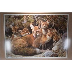 Framed limited edition print titled "Full House-Fox Family" pencil signed by artist Carl Brender, 21