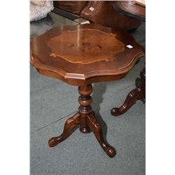 Mid 20th century center pedestal occasional table with matched grain top and inlaid floral design