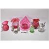 Image 1 : Four pieces of cranberry glass including marked Fenton cranberry and milk glass hobmail jug 5 1/2" i