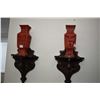 Image 1 : Pair of antique cinnabar 9" vases with pictorial scenes standing on pair of matching antique hand ca