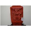 Image 2 : Pair of antique cinnabar 9" vases with pictorial scenes standing on pair of matching antique hand ca