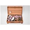 Image 1 : Cedar jewel box filled with vintage and collectible jewellery including necklaces, watch, earrings, 