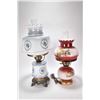 Image 1 : Two oil lamp style electric lamps with metal bases and transfer ware floral shades
