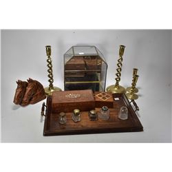 Wooden double handled serving tray and contents including inlaid lidded boxes, inkwells, two pair of