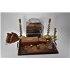 Image 1 : Wooden double handled serving tray and contents including inlaid lidded boxes, inkwells, two pair of