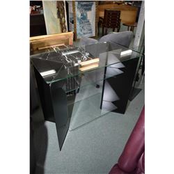 Designer television stand with glass shelves and a marble and glass end table