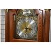 Image 2 : Quality oak long case clock with triple train German movement, visible decorative pendulum and chime