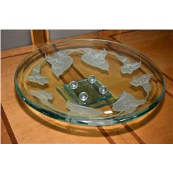 Large etched art glass bowl with floral design on glass pedestal 24" in diameter. Not available for 