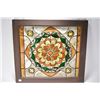 Image 1 : Simulated stained glass window in wooden frame, overall dimensions 24" X 27"