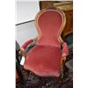 Image 2 : Pair of complimenting open arm Victorian parlour chairs with carved show wood and red upholstery plu