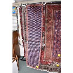 Mir 100% wool carpet runner with overall paisley pattern in shades of blue, cream, red etc. 28" x 11