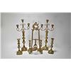 Image 1 : Selection of brass candlesticks, a brass picture easel, a clock frame converted to mirror and a gout