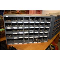 Two metal bench top hardware organizers and some contents