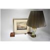 Image 1 : Small china table lamp with floral cameo, a coloured engraved print of the West India Docks and a sm