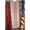 Image 1 : Vintage wool carpet runner with geometric design and tones of peach, salmon, cream, blue etc. 32" X 