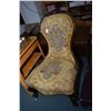 Image 2 : Two Victorian parlour chairs, one with open arms button tufted upholstery and decorative carving, on