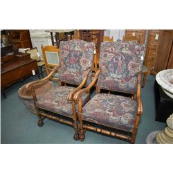 Two matching open arm William & Mary style parlour chairs with tapestry upholstery, one with male ca