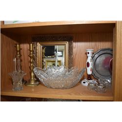 Shelf lot of collectibles including crystal, brass candlesticks, Roger's silver-plate tea service, p