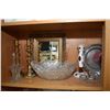Image 1 : Shelf lot of collectibles including crystal, brass candlesticks, Roger's silver-plate tea service, p