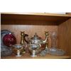 Image 2 : Shelf lot of collectibles including crystal, brass candlesticks, Roger's silver-plate tea service, p