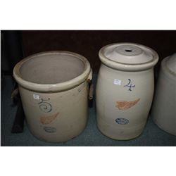 Two pieces of Redwing stoneware including a four gallon butter churn with lid, san plunger and a fiv