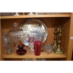 Shelf lot of collectibles including two silver-plate trays with pierced galleys, two pairs of brass 