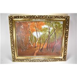 Two framed original paintings including oil on board forest fall scene signed by artist Sophia S. 19