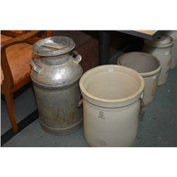 Eight gallon Medalta crock and a cream can