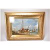 Image 1 : Antique gilt framed oil on board painting titled on verso "View in Holland" and signed by artist G. 