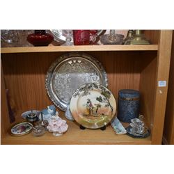 Shelf lot of collectibles including three piece Viking plate tea service, two silver plate trays, ar