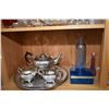 Image 2 : Shelf lot of collectibles including three piece Viking plate tea service, two silver plate trays, ar