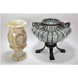 Onyx baluster vase 12" in height and a hand blown double handled glass vase with metal galley