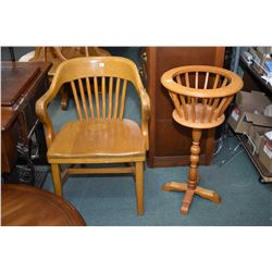 Heavy oak office chair and a center pedestal fern stand