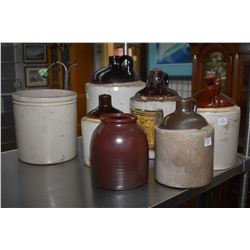 Seven pieces of vintage stoneware including five assorted jugs and one glazed crock and one stonewar