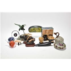 Tray lot of collectibles including lobster trap with lobsters, jade bird in flight signed Manuel 196
