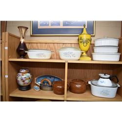 Two shelf lots of collectibles including Corningware lidded casseroles, Oriental jardinière, Noritak