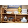 Image 1 : Two shelf lots of collectibles including Corningware lidded casseroles, Oriental jardinière, Noritak