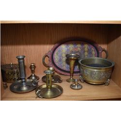 Shelf lot of vintage brass including kettles, candleholders, chargers etc. Not available for shippin