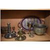 Image 1 : Shelf lot of vintage brass including kettles, candleholders, chargers etc. Not available for shippin
