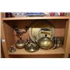 Image 2 : Shelf lot of vintage brass including kettles, candleholders, chargers etc. Not available for shippin